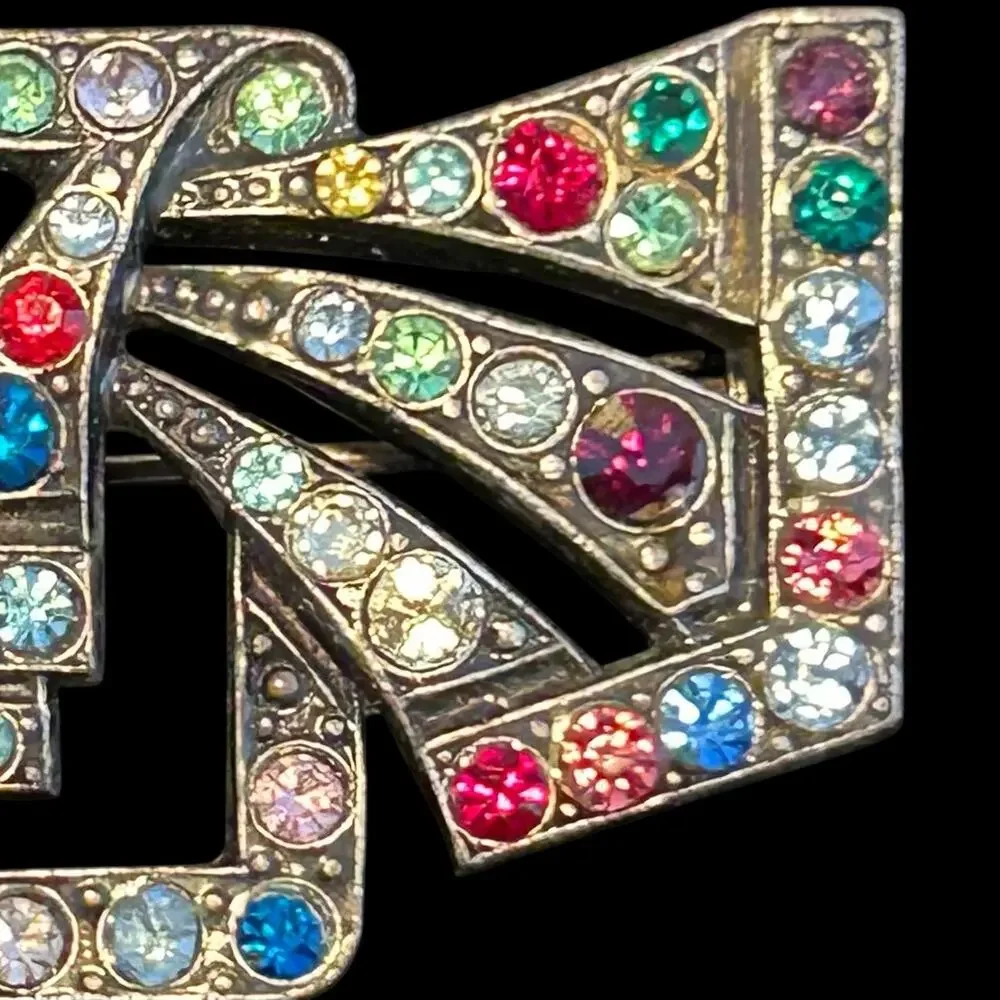 Art Deco Rhinestone Brooch Czech Glass Multicolor Stones Trombone Clasp 1920s